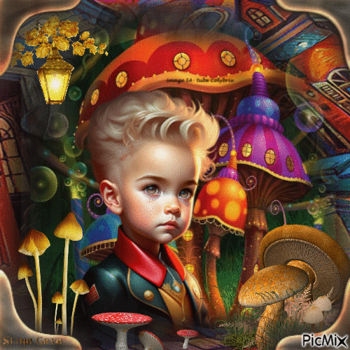 little boy and mushrooms - Free animated GIF