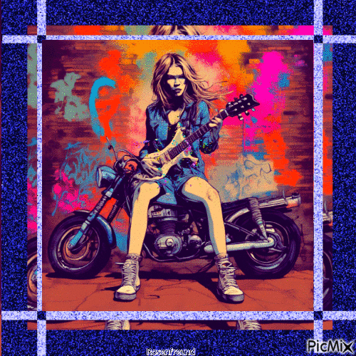 Woman on a motorcycle with a guitar - Free animated GIF