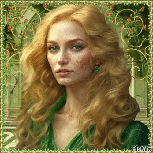 Portrait of a blonde woman dressed in green - GIF animado grátis