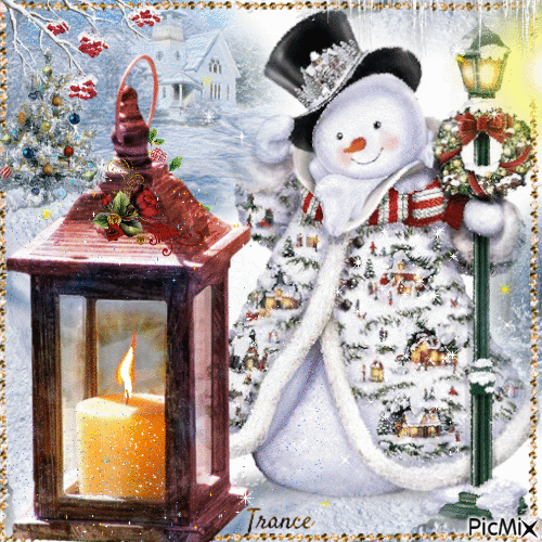 Le bonhomme de neige avec une lanterne de Noël - GIF animate gratis