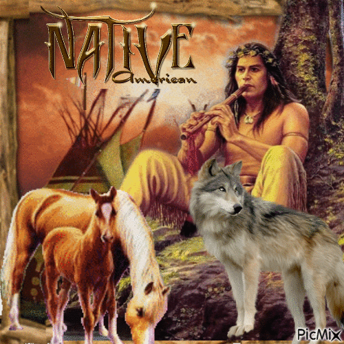 Nativo americano, lobo y caballo - Gratis geanimeerde GIF