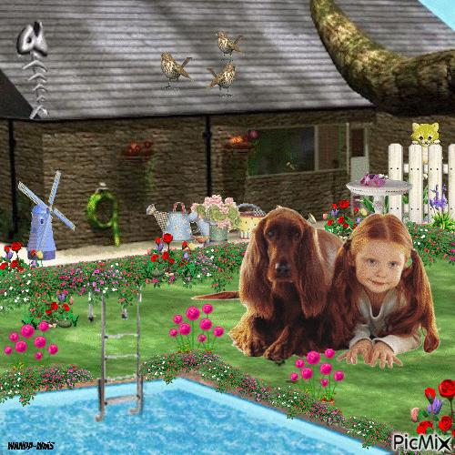 Girl-kids-dogs-flowers - GIF animado grátis