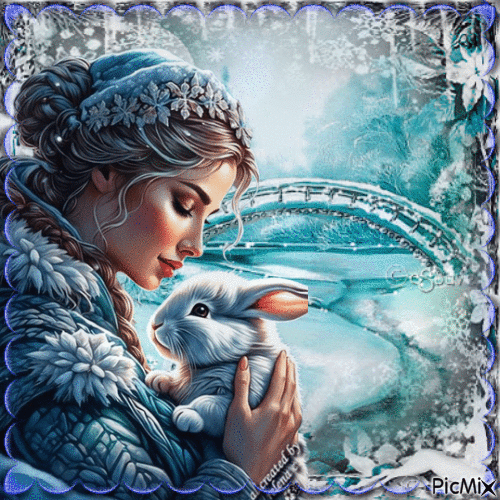 Femme en hiver avec son lapin - GIF animé gratuit