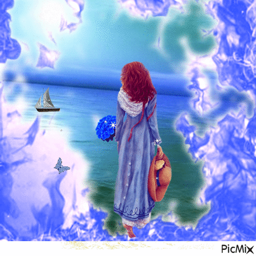 lady with bouquet in blue - GIF animado gratis