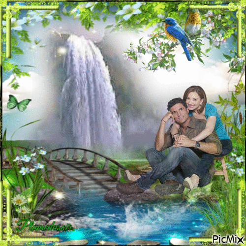 Couple d'amoureux au pied d'une cascade. - GIF animasi gratis