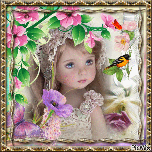 Portrait Girl Spring Flowers Bird Glitter Butterfly - Free animated GIF