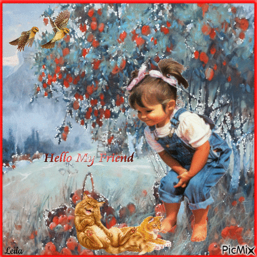Hello my friend. Girl, cats, birds, apple trees - Zdarma animovaný GIF