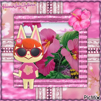 {Felicity the Cat with Hibisicus Flowers} - GIF animasi gratis