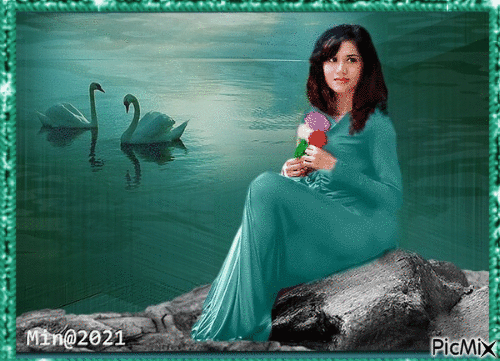 min@  kvinna vid sjö och svanar - Gratis animeret GIF