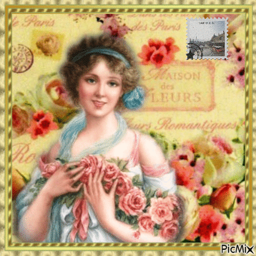 Postkarte einer viktorianischen Dame mit Blumen - Безплатен анимиран GIF