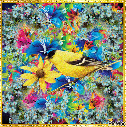 PRETTY FLOWERS A YELLOW BIRD AND FLOWER, YELLOW HEART SPARKLES, AND A YELLOW FRAME THAT SPARKLES. - Bezmaksas animēts GIF