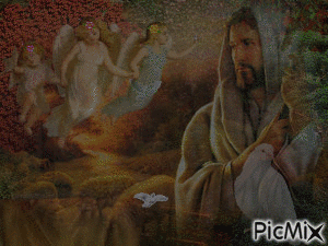 JESUS WITH HIS SHEEP, IN THE FALL TREES, DOVES FLYING THROUGH THE SKY, A BIG DOVE BY JESUS, AND 3 LITTLE ANGELS FLOATING AROUND. THERE IS A BLUE LIGHT FLASHING ACROSS THE PICTURE. - Kostenlose animierte GIFs