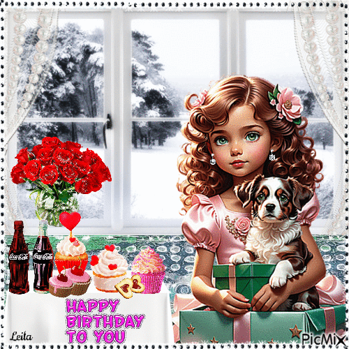 Happy Birthday to You. Winter, window, girl - Бесплатни анимирани ГИФ