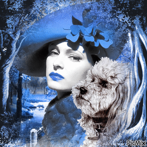Femme avec un chapeau et son chien en bleu - Бесплатный анимированный гифка