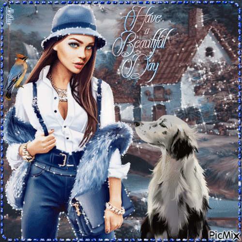 Have a Beautiful Day.  Autumn, blue hat, woman, dog - GIF animado grátis