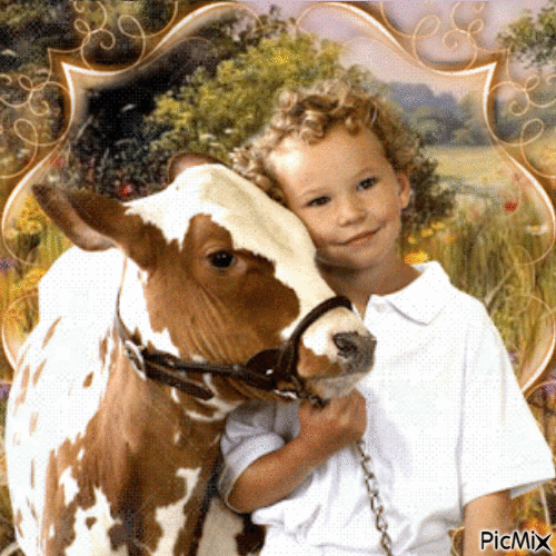 Bel enfant avec sa vache - GIF animé gratuit
