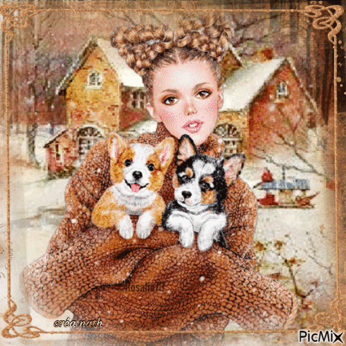 Jeune fille avec ses deux chiens en hiver - Free animated GIF