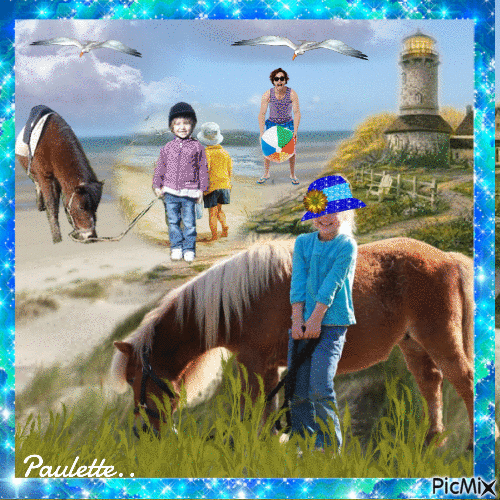 petite fille et son poney près d'un phare - 無料のアニメーション GIF