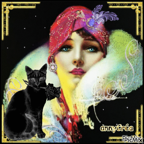 Lady and black cat - Free animated GIF