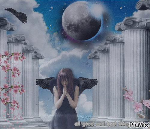 angel moon bird flowers stars - GIF animé gratuit