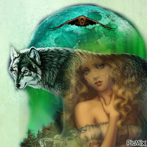 Lady and green wolf - Бесплатный анимированный гифка