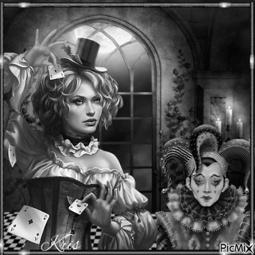 Femme clown en noir et blanc - Gratis animerad GIF