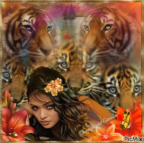 Portrait of woman and tigers - 免费动画 GIF