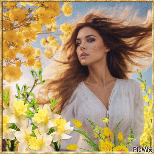 Concours : La belle et ses fleurs jaunes - Free animated GIF