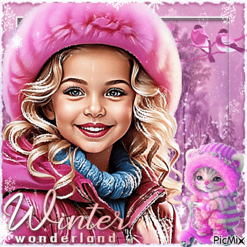 Little girl in winter, pink tones - Бесплатный анимированный гифка