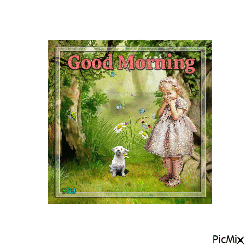 Good Morning Little Girl and dog - Free animated GIF