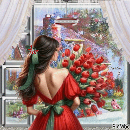Dame avec des fleurs devant une fenêtre - GIF animé gratuit