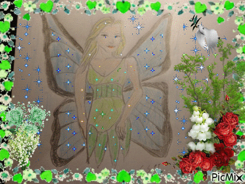 Une fée dessiné par Gino Gibilaro avec colombe de la paix,muguet,roses - GIF animate gratis