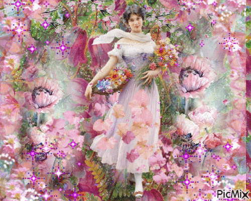 A PRETTY FLOWER GARDEN, LOTS OF PINK SOME PINK SPARKLES. A LADY WITH FLOWERS IN A BASKET AND IN HER HANDS, PINK ROSE PETALS ARE FLOATING DOWN IN FRONT OF HER. - Free animated GIF