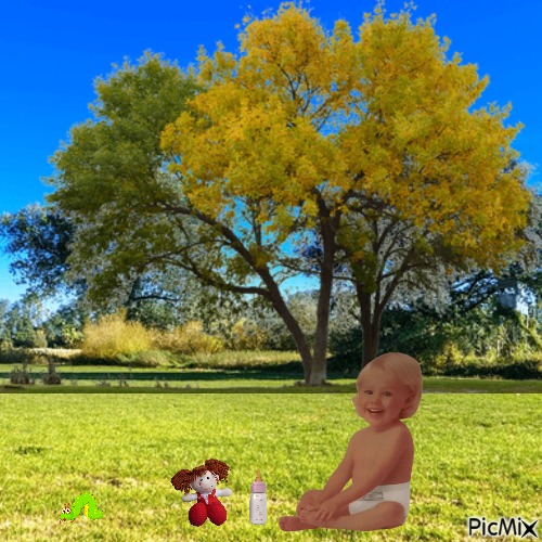 Spring baby with bottle and doll - δωρεάν png