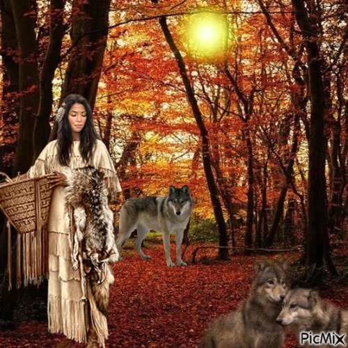 Native woman With Wolves - ücretsiz png