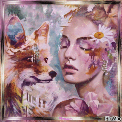 Peinture artistique d'une femme et un renard. - Besplatni animirani GIF