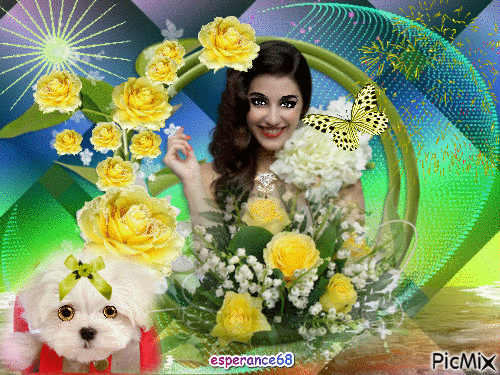 femme, chien et fleurs - Darmowy animowany GIF
