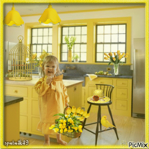 kleines Mädchen mit gelben Tulpen - Animovaný GIF zadarmo