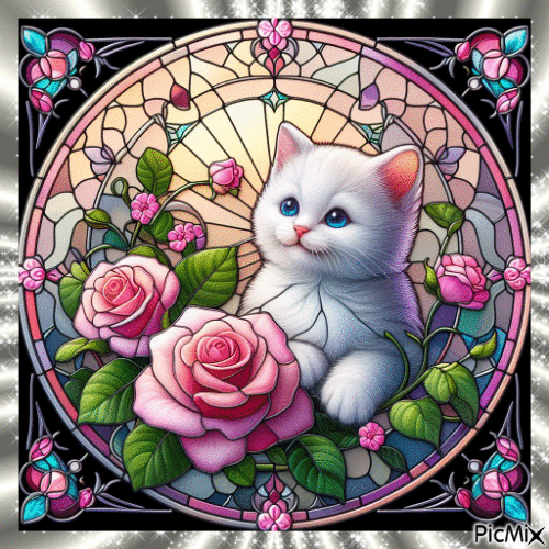 kitten and roses - Бесплатный анимированный гифка