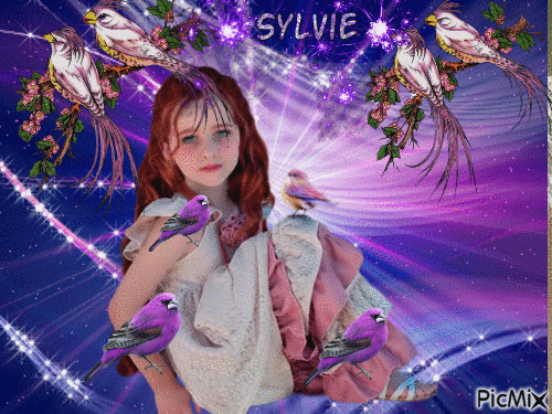 fille avec un oiseau violet - Free animated GIF