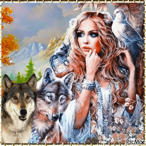 Woman in the wilderness with her wolves - GIF animé gratuit