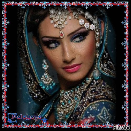 jeune fille indienne portrait bleu et rouge - Gratis animeret GIF
