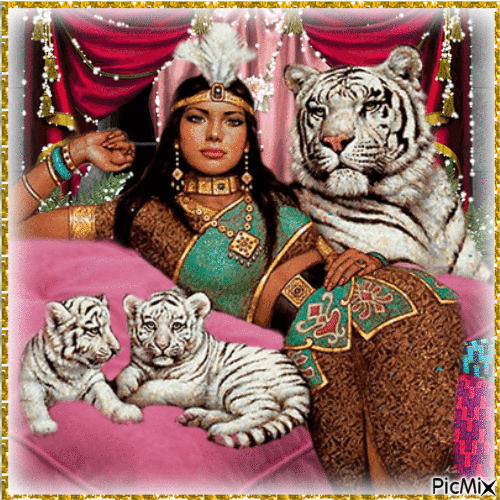 Woman with Tigers - Free animated GIF