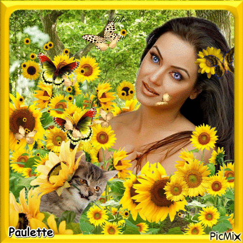 portrait de femme et fleurs jaune - Kostenlose animierte GIFs