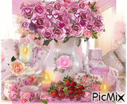 a pink rose breakfast setting.with sparkles. - GIF animé gratuit