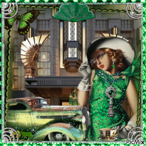 Vintage woman in green - Gratis geanimeerde GIF