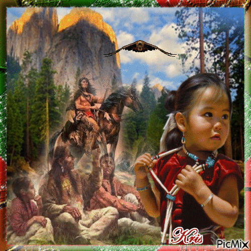 L'enfant Amérindien et son animal totem. - Безплатен анимиран GIF