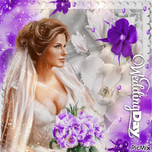 Braut mit lila Blumen - Gratis animeret GIF