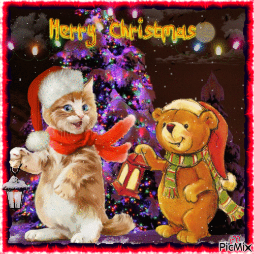 Weihnachtskatze und Teddybär - Ingyenes animált GIF