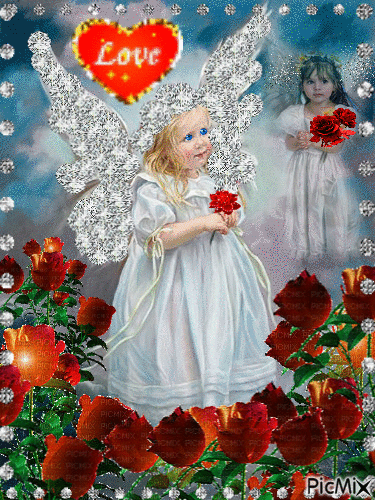 TWO LITTLE ANGELS WITH SPARKLING WINGS, AND RED FLASHING ROSES, FRAMED IN LIGHTS, AND A RED LOVE HEART.